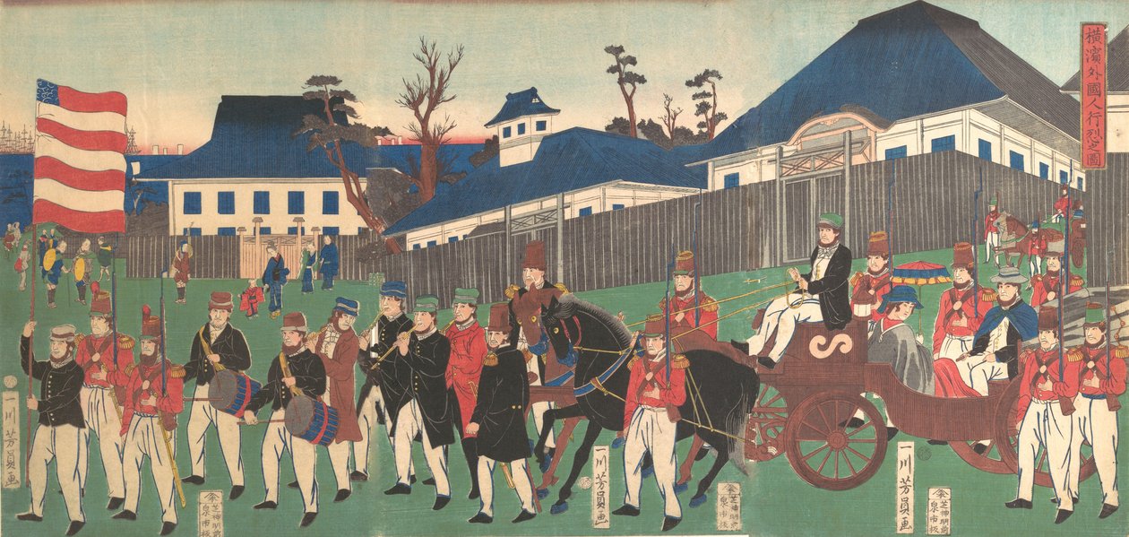 Billede af en procession af udlændinge ved Yokohama, 2. måned, 1861. af Yoshikazu