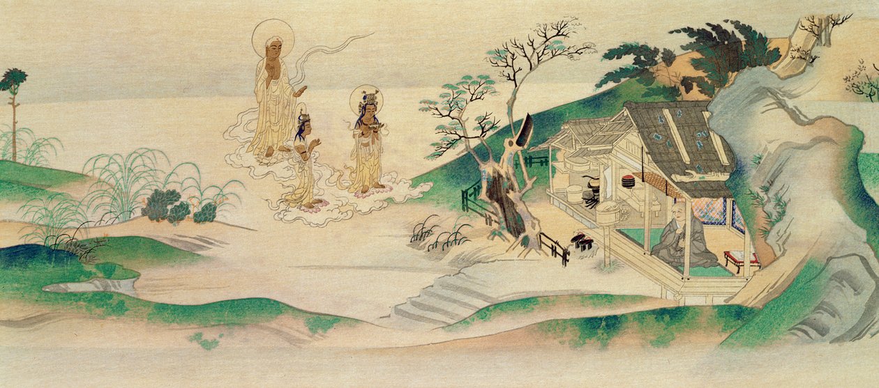 Amitayus Buddha og to bodhisattvaer på besøg hos munken Honen (f.1132), illustration offentliggjort i tidsskriftet Tokka i marts 1902 af Yoshimitsu Tosa