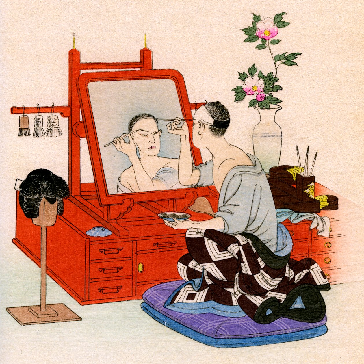 Traditionelt japansk teater: en skuespiller laver makeup i sit omklædningsrum af Yoshimune Arai
