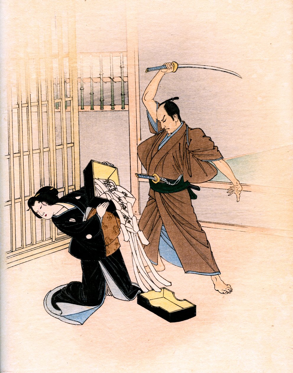 Traditionelt japansk teater: en skuespiller truer en skuespillerinde med et sværd af Yoshimune Arai