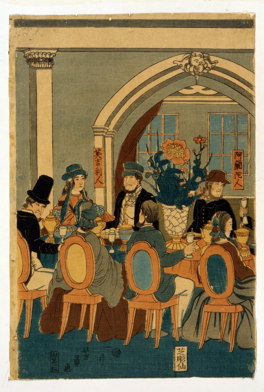 Bankbillede af temperatur på fem jorder (Yokohama-unge) Par Utagawa, Yoshitomi (lov 1850-1870) af Yoshitomi Utagawa