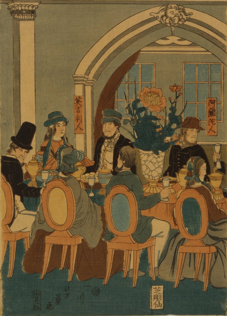 Banket for fem nationer Yokohama club, 1861 af Yoshitomi Utagawa