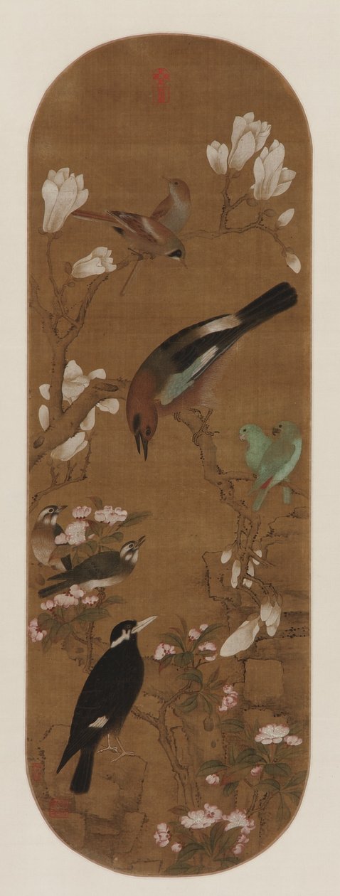 Fugle og blomster, Qing-dynastiet (blæk og farve på silke) af Yu Zhiding