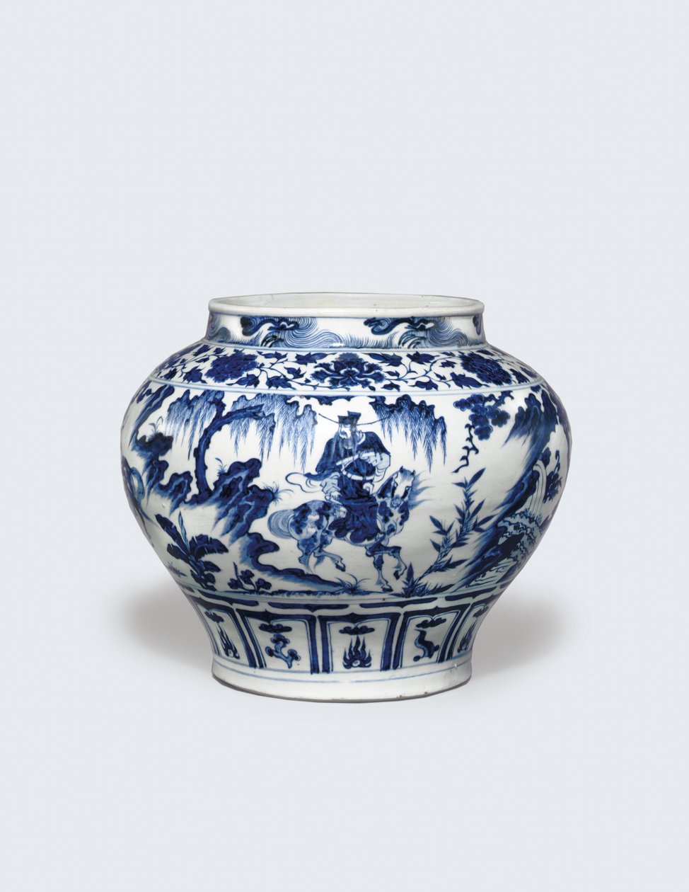 En usædvanlig sjælden og vigtig blå og hvid krukke, Guan af Yuan Dynasty Chinese School