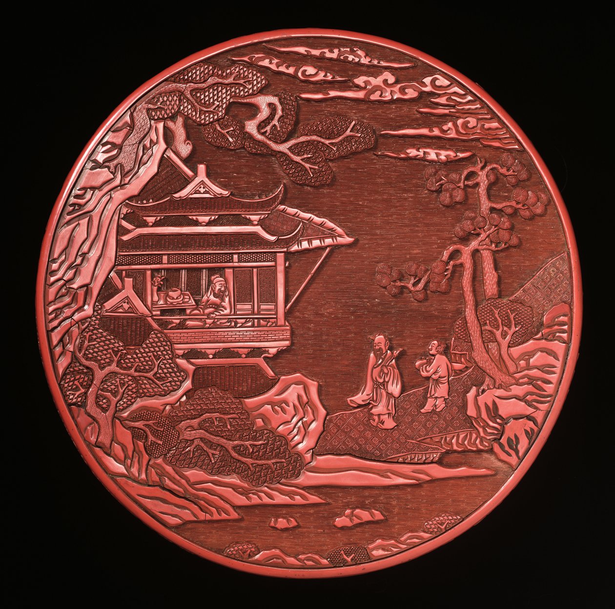 Cirkulær udskåret cinnoberæske og låg (lakeret træ) (se også 272180 og 272181) af Yuan Dynasty Chinese School