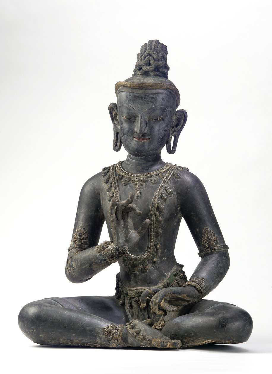 Bodhisattva i nepalesisk-kinesisk stil (lak, klud, spor af blå, guld og grøn maling og bladguld) af Yuan Dynasty Chinese School