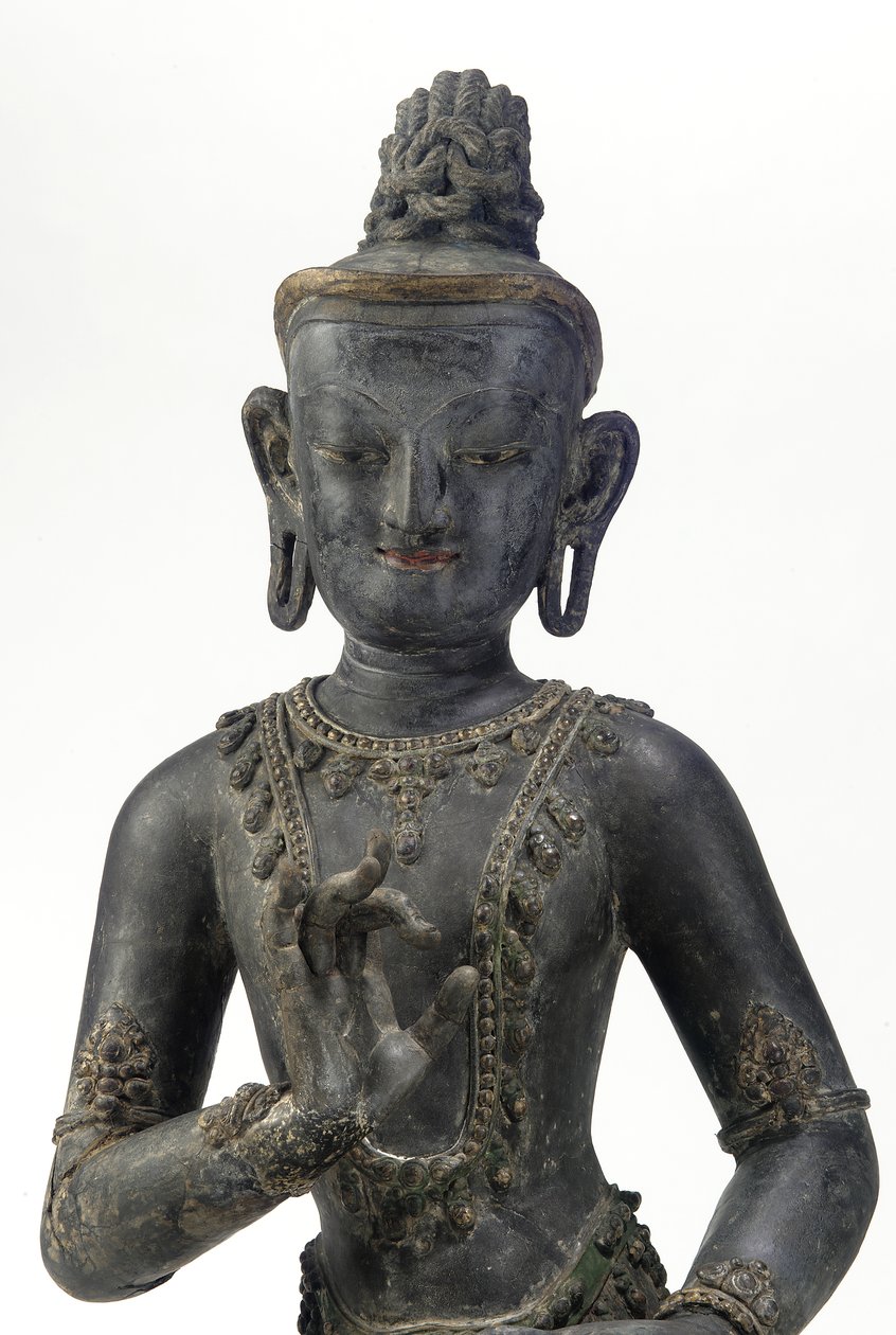 Bodhisattva i nepalesisk-kinesisk stil (lak, klud, spor af blå, guld og grøn maling og bladguld) af Yuan Dynasty Chinese School