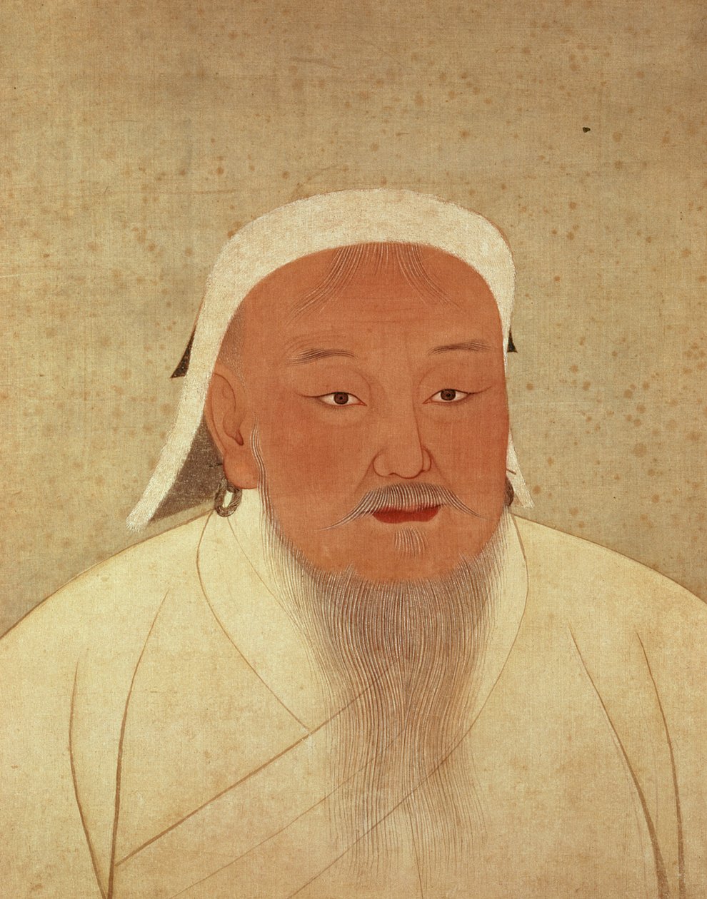 Portræt af Djengis Khan (ca. 1162-1227), mongolsk Khan, grundlæggeren af det kejserlige dynasti, Yuan, hvilket gør Kina til centrum for det store mongolske imperium (1260-1368), (blæk og wc på silke, silkemønstret kant af Yuan Dynasty Chinese School