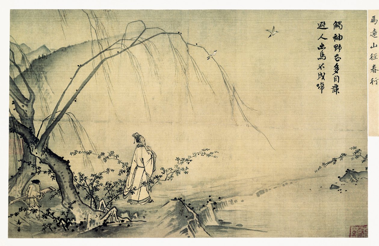 På en bjergsti om foråret (山徑春行), Song-dynastiet (albumblad, blæk og farve på silke) af Yuan Ma