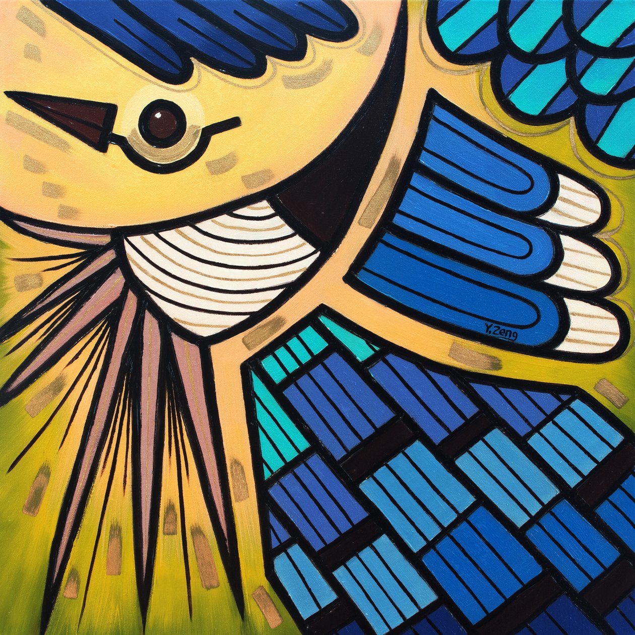 Backyard bird Blue jay, 2023 (olie på lærredspanel) af Yue Zeng
