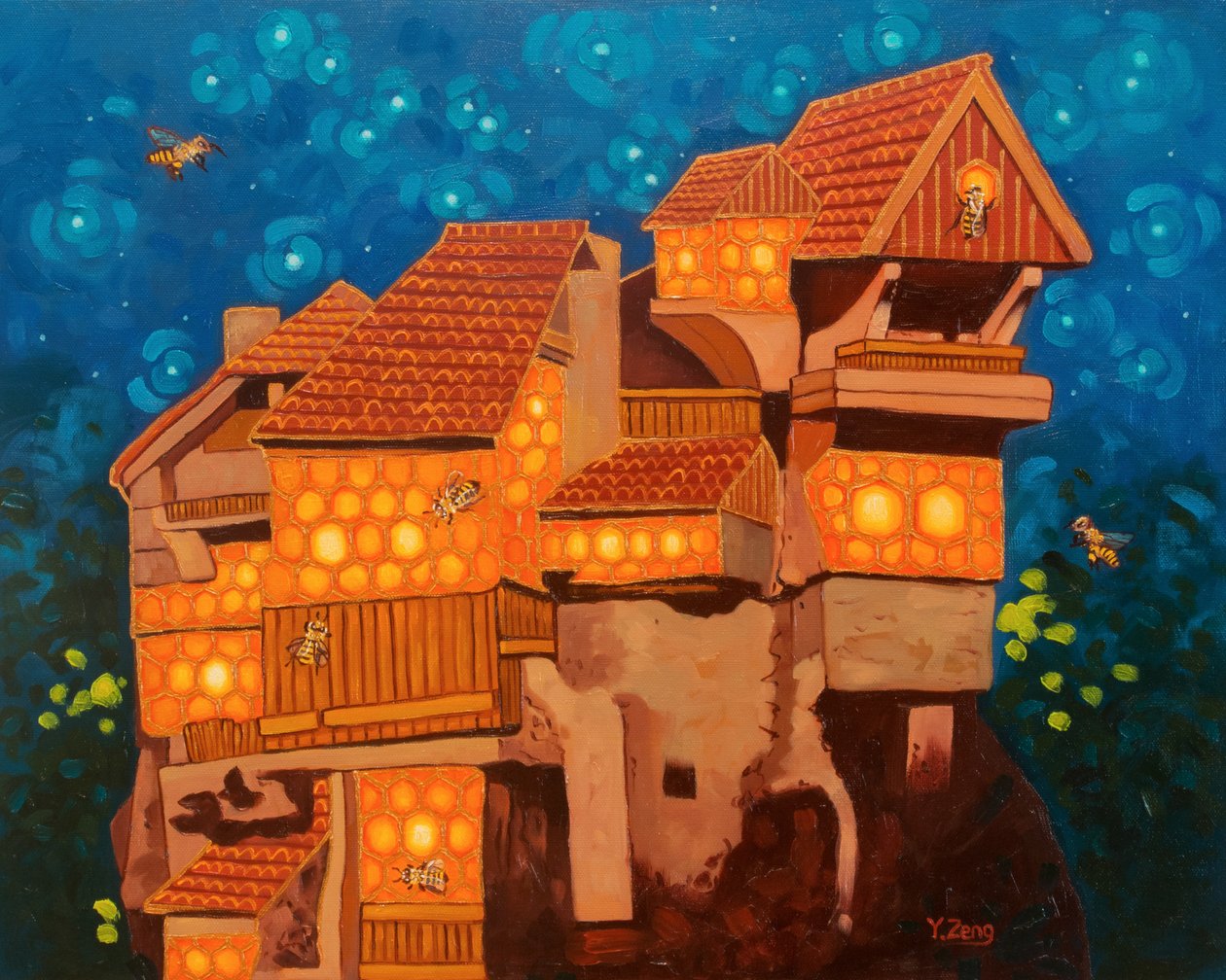 Bee house, 2023 (olie på lærred) af Yue Zeng