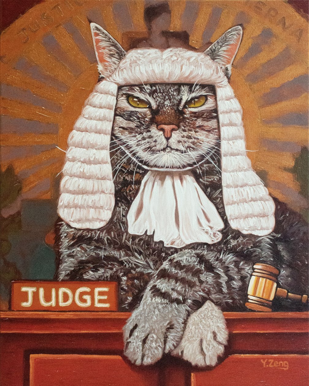 Cat judge, 2023 (blandede medier på træplade) af Yue Zeng