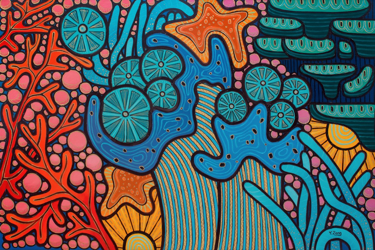 Coral reef blue, 2023 (blandede medier på træplade) af Yue Zeng
