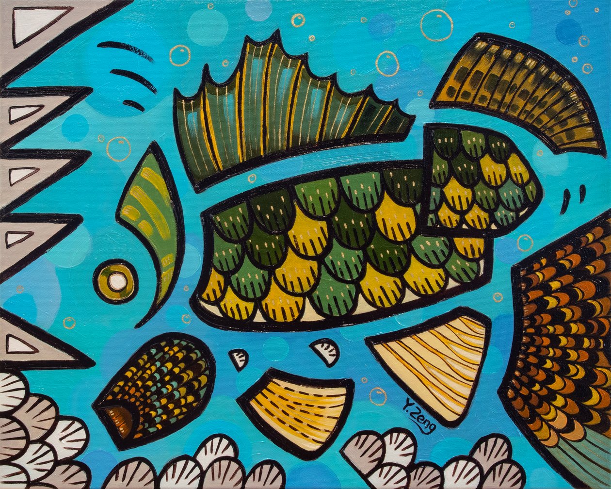Ferskvandsfisken Walleye, 2023 (olie på lærred) af Yue Zeng