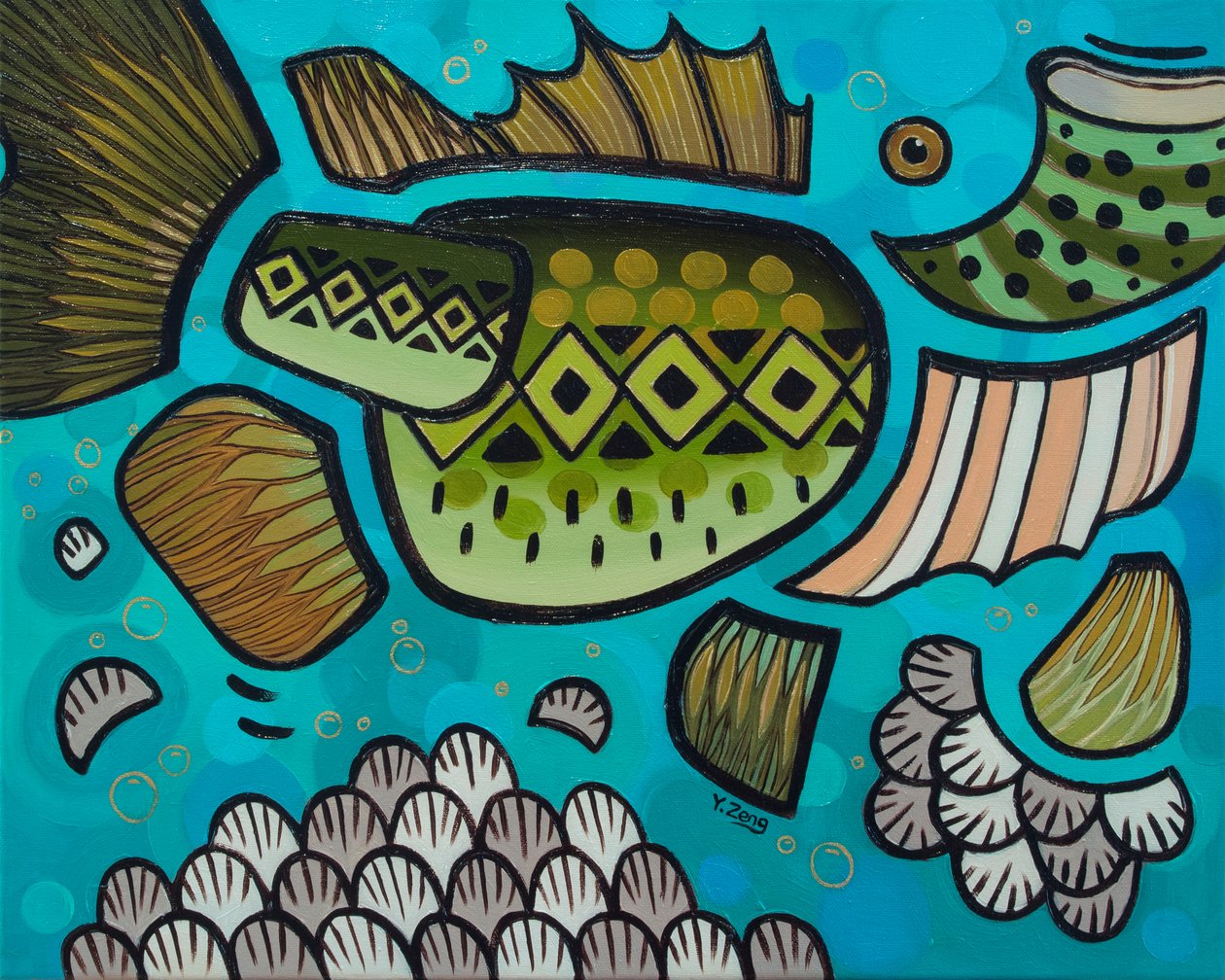 Ferskvandsfisk Largemouth bass, 2023 (olie på lærred) af Yue Zeng