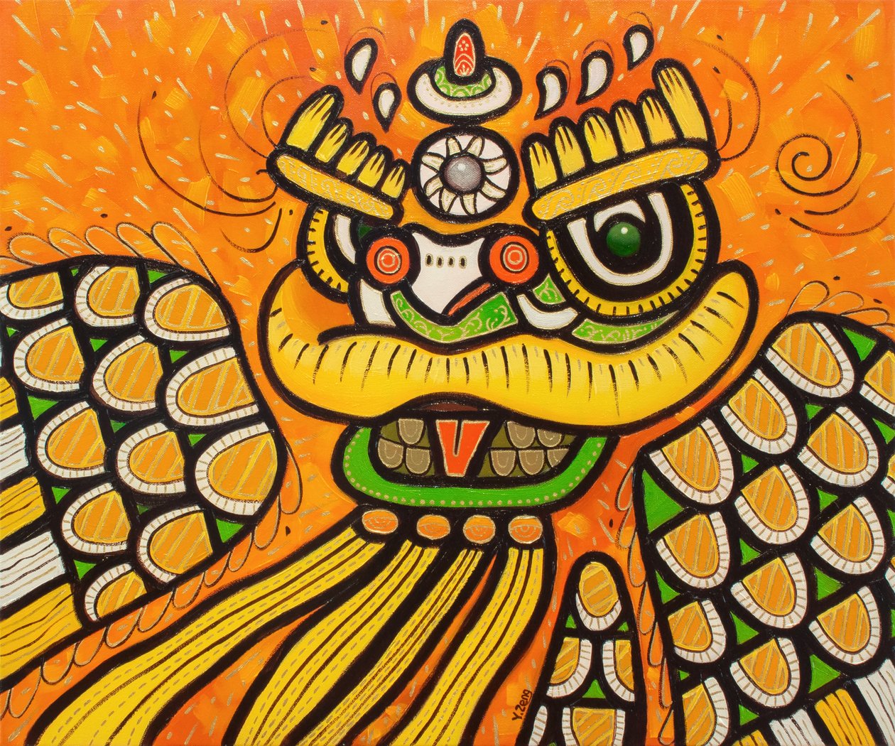Lion dance yellow, 2023 (olie på lærred) af Yue Zeng