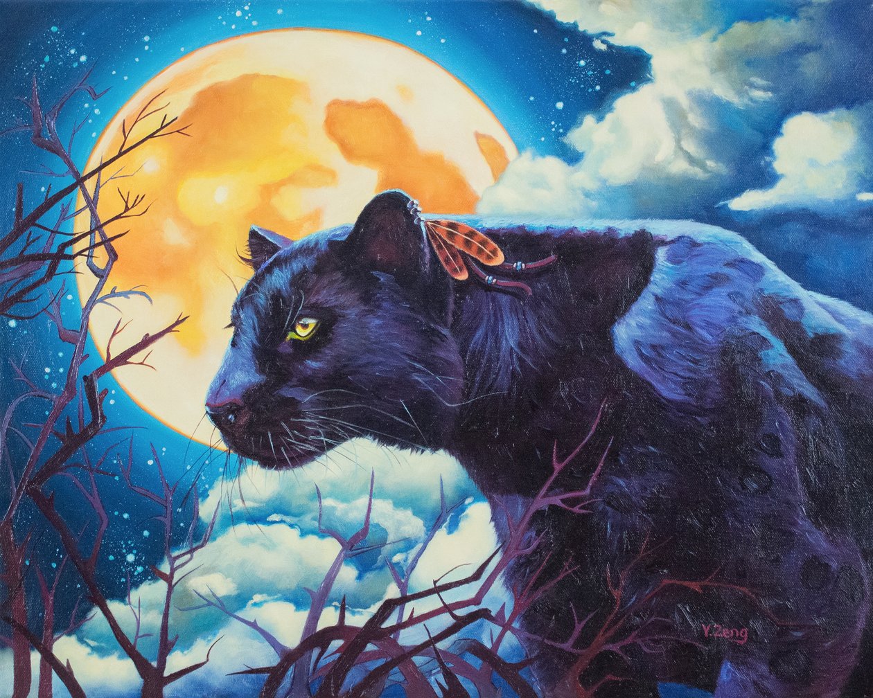 Nightwatcher black panther, 2023 (olie på lærred) af Yue Zeng
