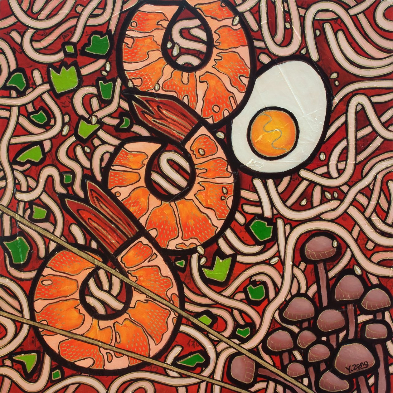 Ramen noodle Shrimp, 2023 (blandede medier på træplade) af Yue Zeng