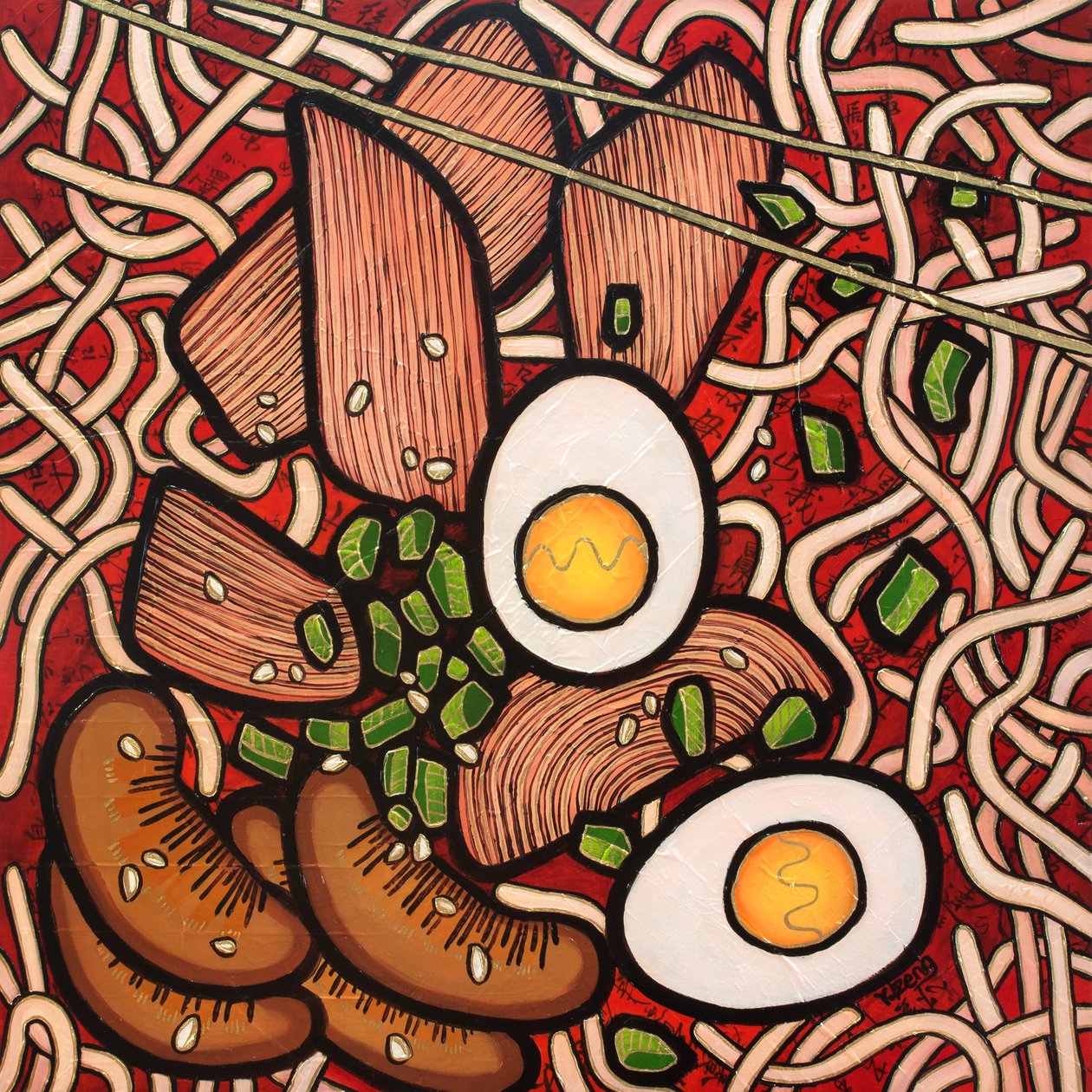 Ramen noodle chicken, 2023 (blandede medier på træplade) af Yue Zeng