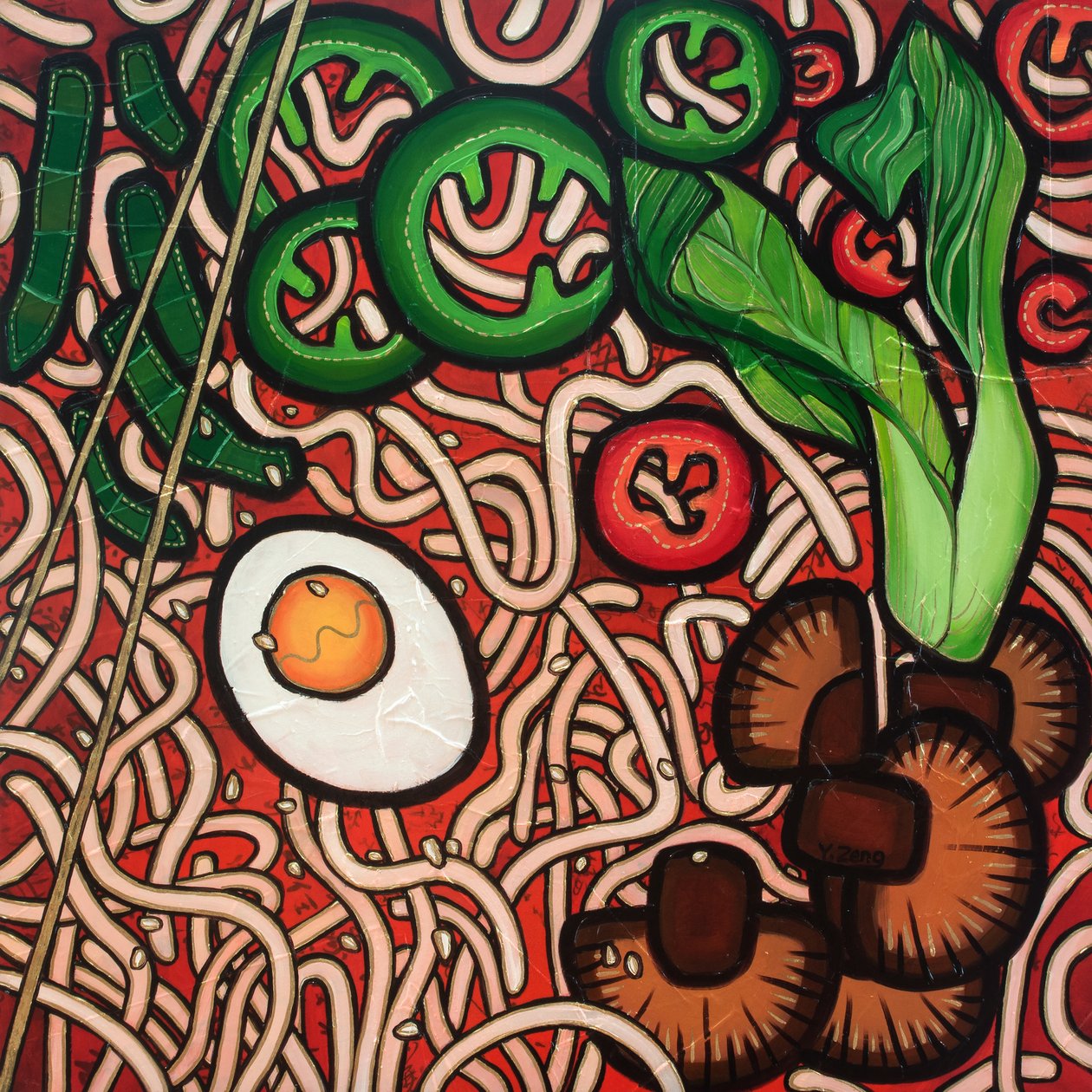 Ramen noodle vegetable, 2023 (blandede medier på træplade) af Yue Zeng
