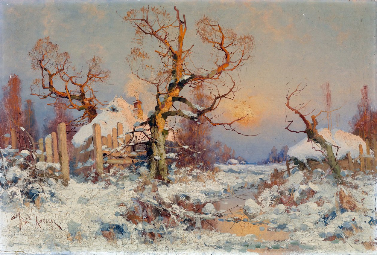 Vinterlandskab i aftensolen. Maleri af Juli Julievich (Julius) von Klever (1850-1924), olie på lærred, slutningen af ​​det 19.-begyndelsen af ​​det 20. århundrede. Russisk kunst, realisme. Privat samling. af Yuly Klever