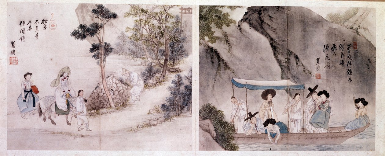 Art coreen: vandre- og bådscene. Tryk af Sin Yun Bok (eller Hyewon) (født 1758). 1700-tallet. af Yun bok Sin