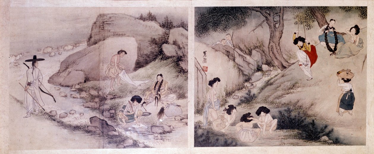 Art coreen: kvinder, der vasker deres tøj og klæder sig på, og kvinder, der tager deres toiletter og underholder sig selv. Tryk af Sin Yun Bok (eller Hyewon) (f. 1758). Hyung Pil Chun Collection af Yun-bok Sin
