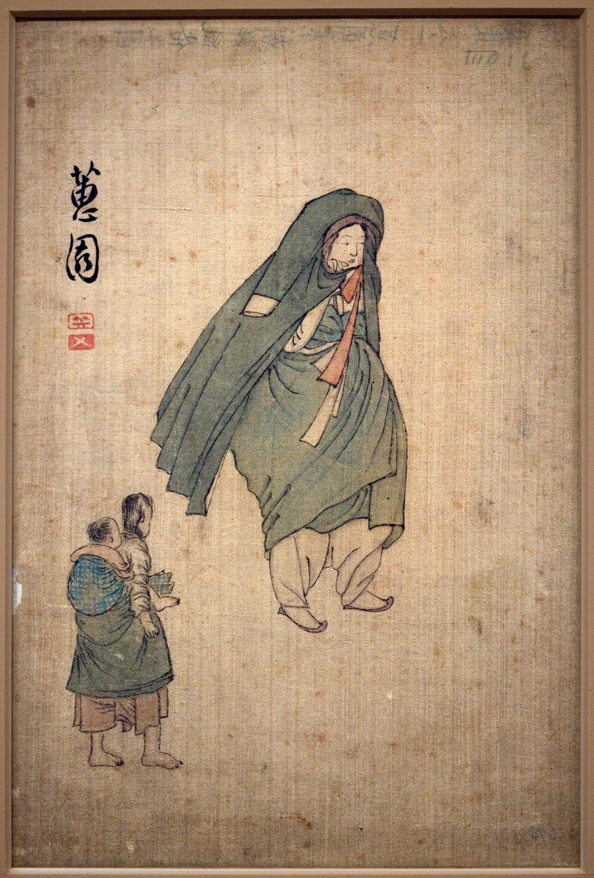 Kvinde svøbt i sin frakke, går forbi to børn. Maleri af Shin Yunbok (ca. 1758-1813), blæk på papir af Yunbok Shin