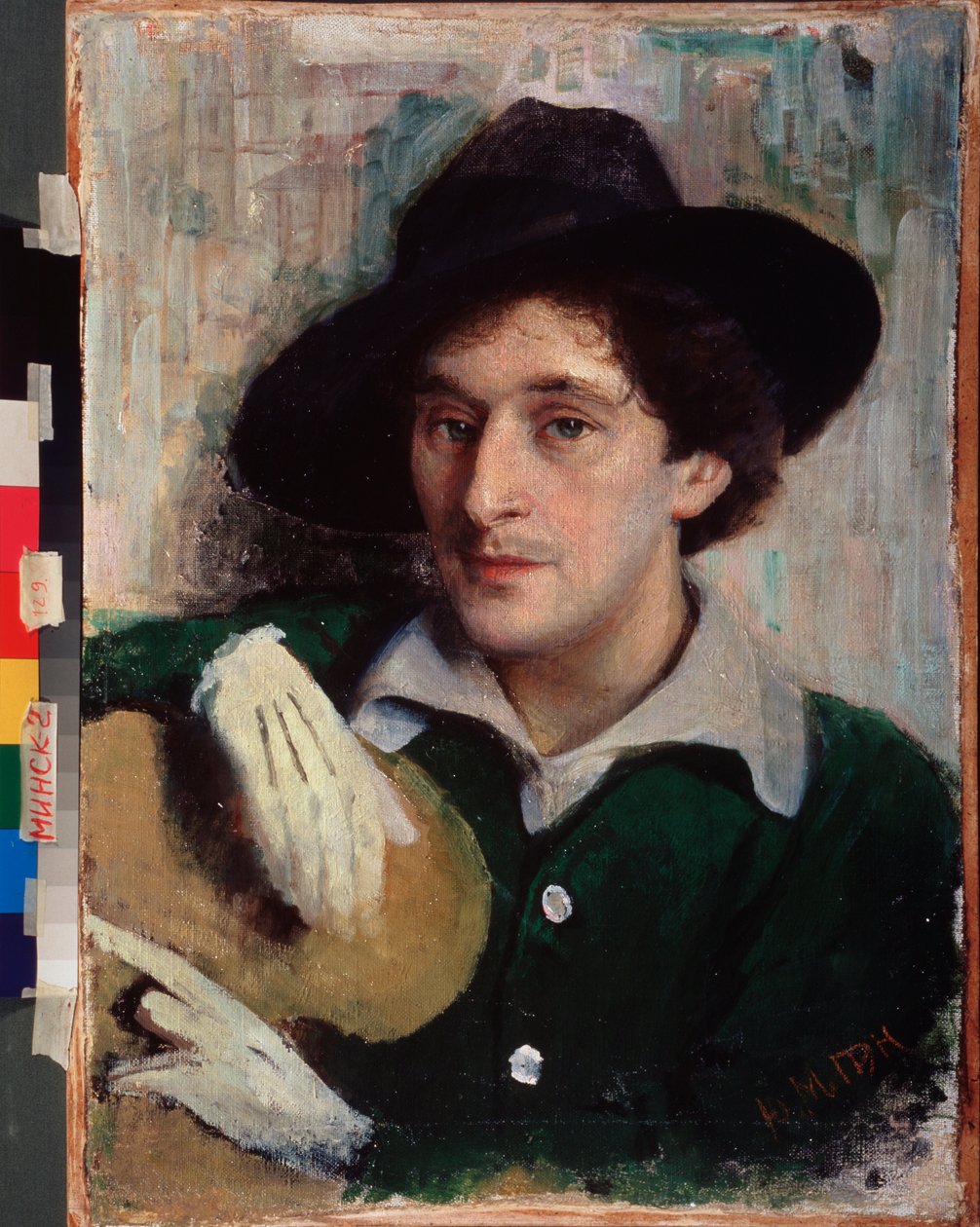 Portræt af kunstneren Marc Chagall (1887-1985). (med sort hat og hvide handsker holder han nonchalant sin palet). Maleri af Yuri (Yehuda) Moiseyevich Pen (1854-1937), olie på lærred, ca. 1910. Russisk kunst, 20. århundrede. Nationalt Kunstmuseum af Yuri Moiseyevich Pen