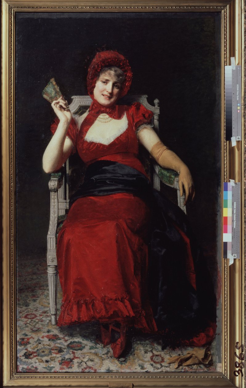 Kvinde i en kjole i Directoire-stil (Lady in a Directoire-kjole). Iført en handske og en vifte er kjolen rød i farven, så den matcher hendes båndkasket og hendes sko. Maleri af Yuri Jacovlevich Lehman (Youri Leman) (1834-1901), olie på t. af Yury Jacovlevich Lehman