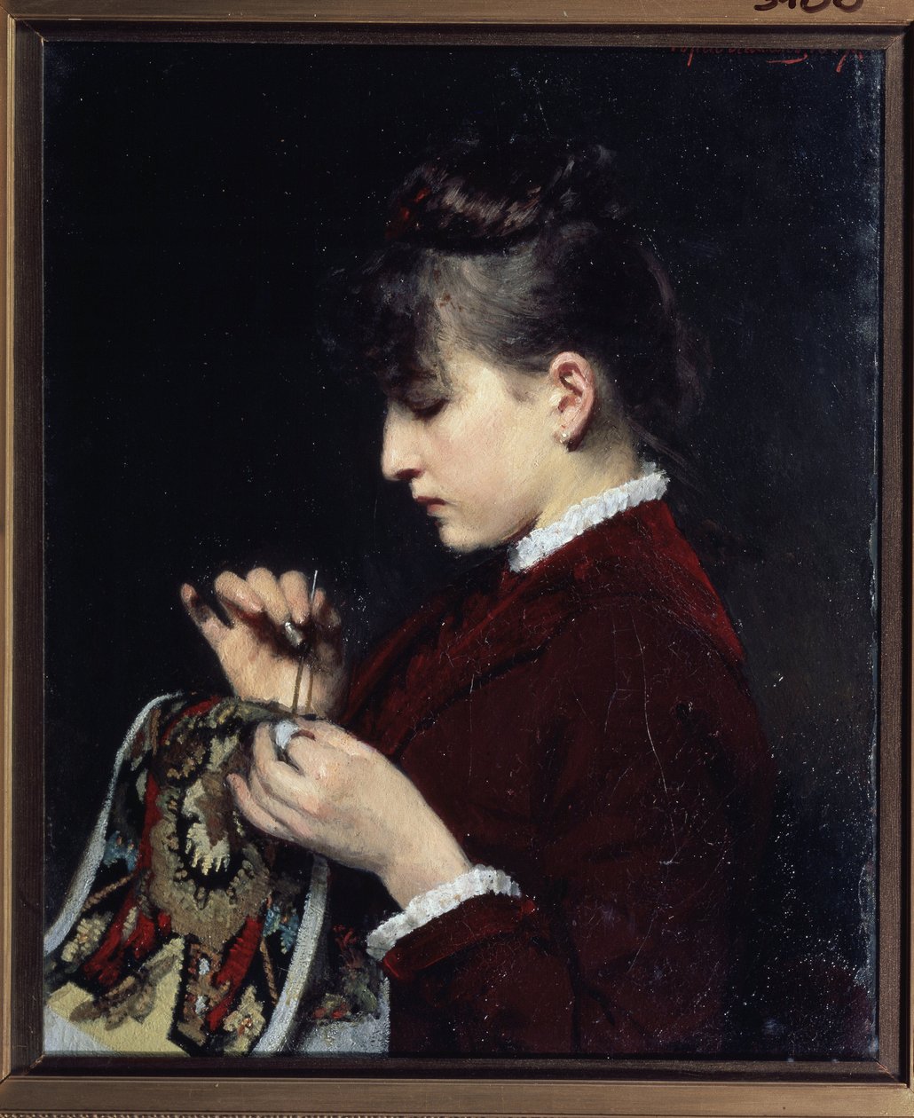 Broderinden. Ung pige i profil, hendes ansigt seriøst, koncentreret om sin opgave, hendes hænder holder hendes arbejde og en nål. Maleri af Yuri Jacovlevich Lehman (Youri Leman) (1834-1901), olie på lærred af Yury Jacovlevich Lehman