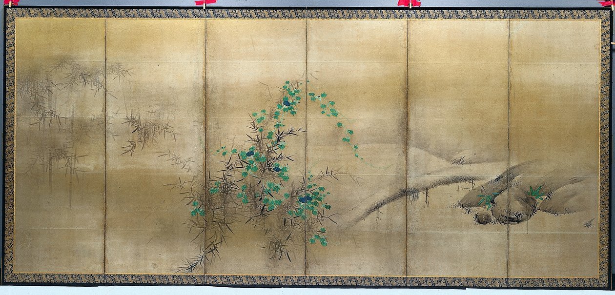 Vinter- og sommerblomster, en af et par foldeskærme med seks paneler, ca. 1600 (blæk, farve og guld på papir) af Yusho Kaiho