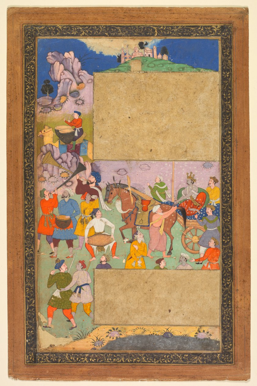 En vognmand, der kører gennem et klippelandskab med et følge af fodfolk og musikere..., 1616-16 af Yusuf Ali