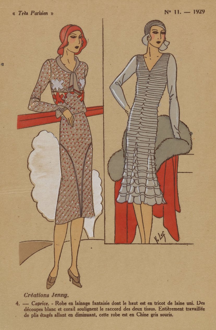 Meget parisisk, 1929, nr. 11: Creations Jenny. / 4. - Indfald. - Uld kjole... af Y.v. Luq