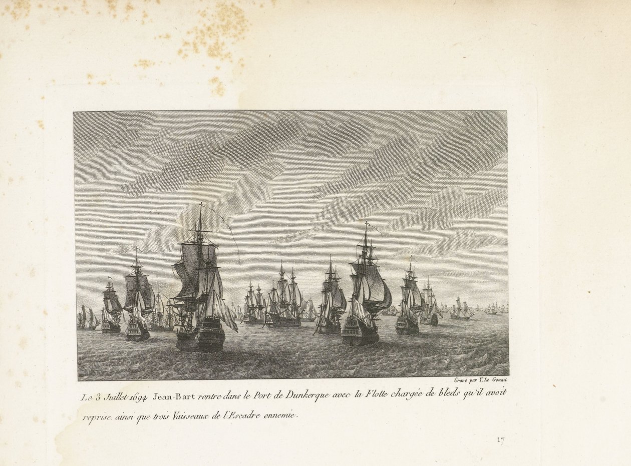 Jan Bart vaart Duinkerke binnen met de heroverde graanschepen, 1694 Den 3. juli 1694 vender Jean-Bart tilbage til havnen i Dunkerque med flåden lastet med bleds, som han havde overtaget, samt tre fartøjer fra fjendens eskadrille (titel på objekt) Kollektio af Yves Marie Le Gouaz