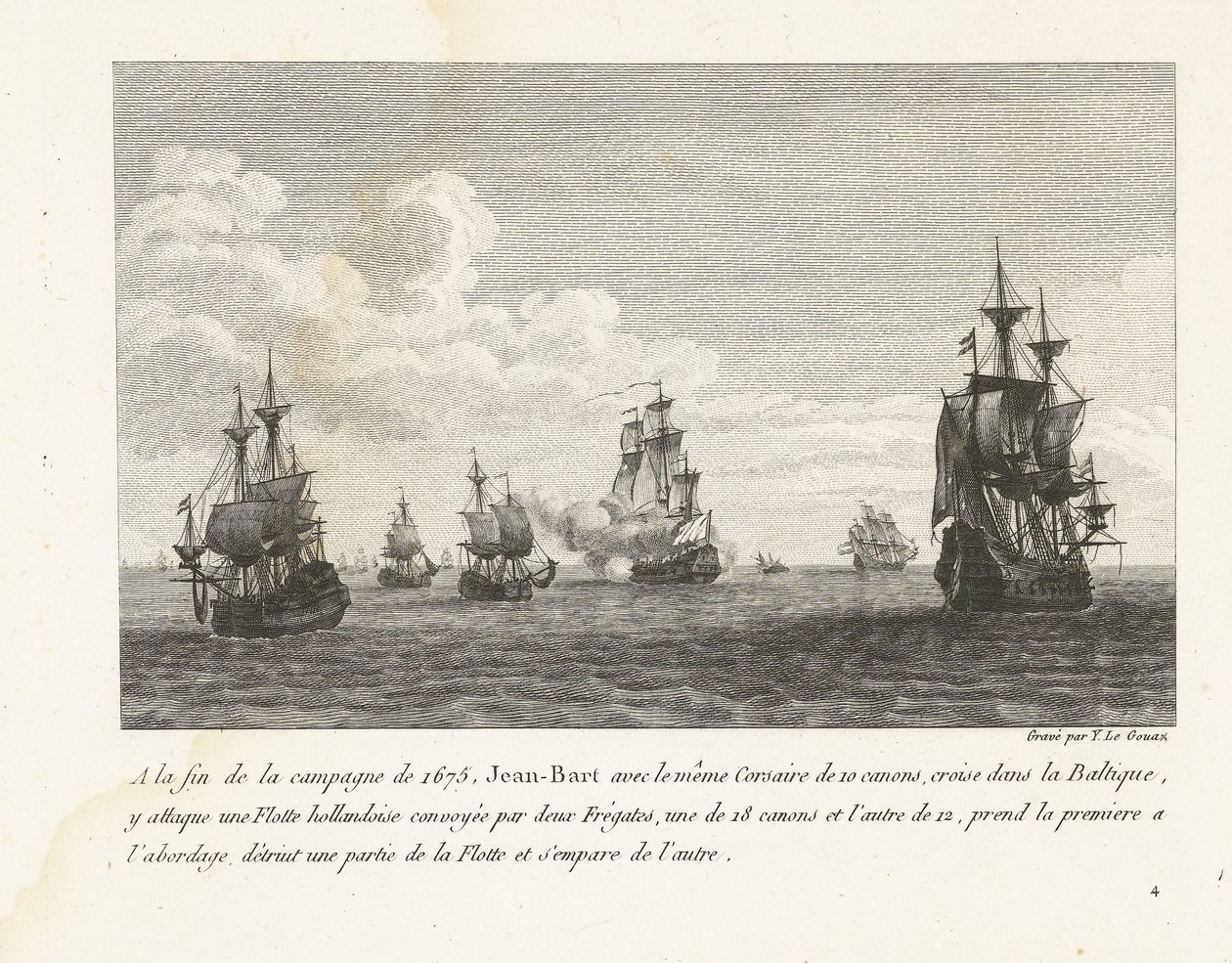 Jan Bart valt Hollandse schepen in de Baltische zee aan, 1675 I slutningen af ​​felttoget i 1675 angreb Jean-Bart med den samme Corsair på 10 kanoner, krydstogter i Østersøen, der en hollandsk flåde (...) (titel på objektet) Samling af Jean-Bars kampe af Yves Marie Le Gouaz