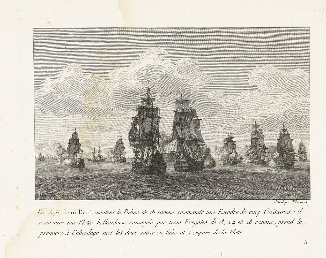 Jan Bart valt met zijn eskader een Hollandse vloot aan, 1676 I 1676 kommanderede Jean Bart, der satte sig på 18-kanoner Palme, en eskadron på fem Corsairs (...) (titel på objektet) Indsamling af kampene fra Jean-Bart, eskadronchef under Louis XIV (serietit af Yves Marie Le Gouaz