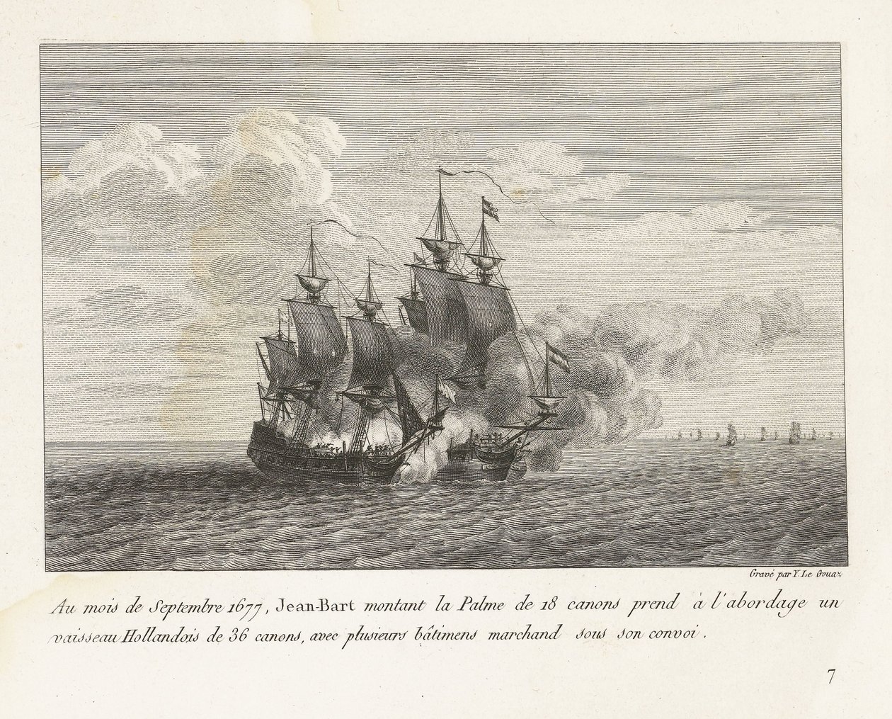 Jan Bart verovert een Hollands fregat, 1677 I september 1677 satte Jean-Bart 18-kanoner Palme om bord på et 36-kanon hollandsk fartøj med flere handelsskibe under hans konvoj (titel på objekt) samling af slagsmål af Yves Marie Le Gouaz