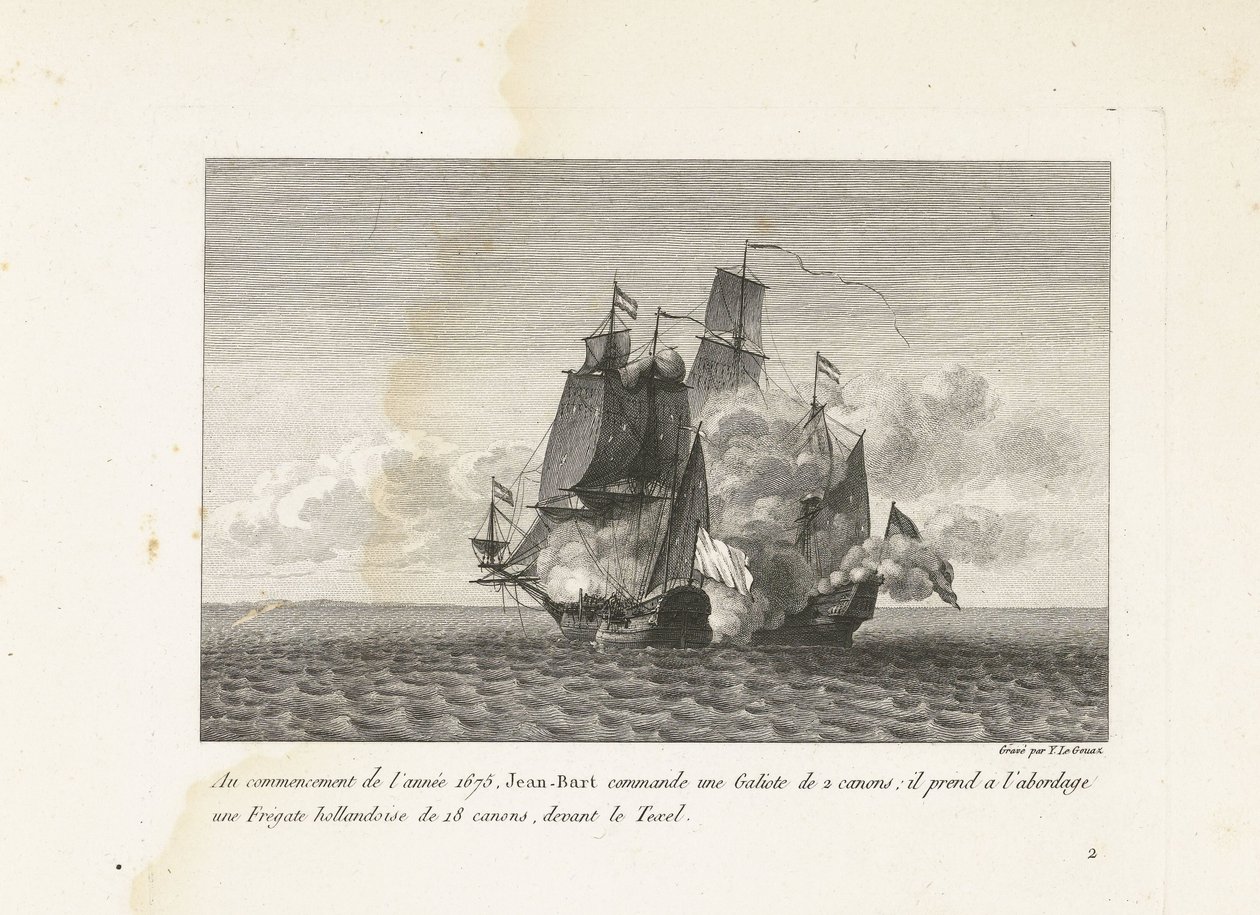 Jan Bart verovert een Hollands fregat bij Texel, 1675 I begyndelsen af ​​året 1675 kommanderer Jean-Bart en Galiote på 2 kanoner: han gik ombord på en hollandsk fregat på 18 kanoner foran Texel (titel på objekt) Samling af Jean-B