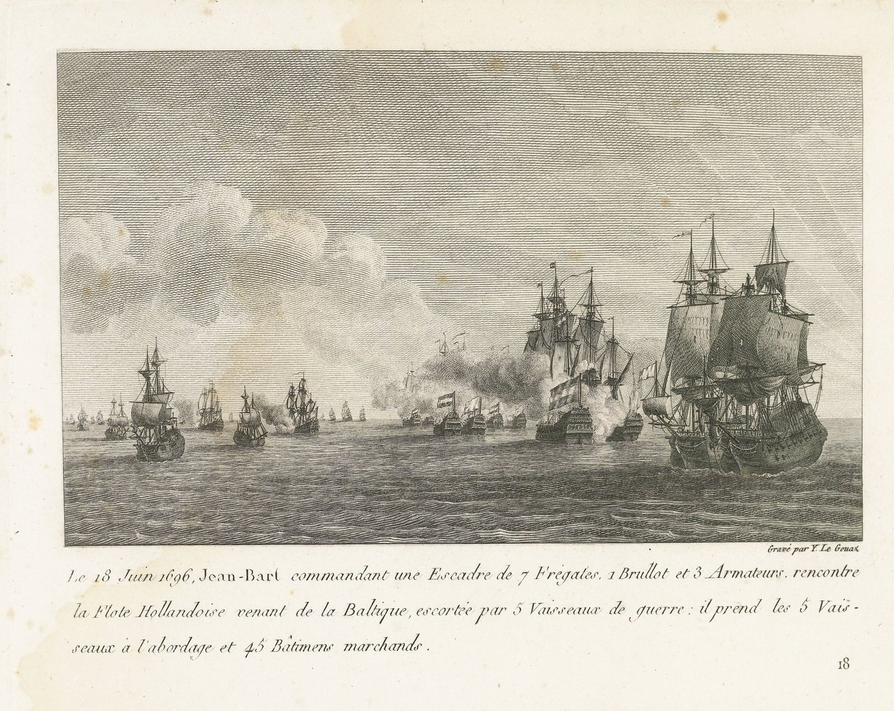 Treffen Tissen Een Vloot Onder Jan Bart i en Hollandse Vloot, 1696 Den 18. juni 1696 møder Jean-Bart en ESADDD af 7 fregatter (...) Holland Flote, der kommer fra Østersøen (titel på objekt) Samling af kamp af Jean-Bart, chef for ESC af Yves Marie Le Gouaz