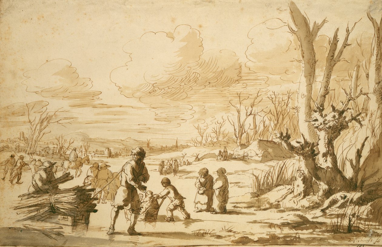 Enjoying the Ice, 1680 (pen og blyant på papir) af Zacharias Blyhooft