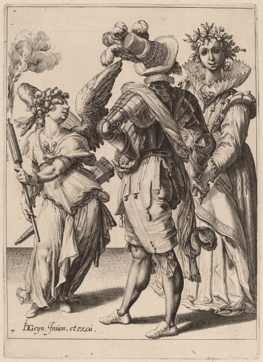 En amor med bind for øjnene, der holder en fakkel foran et par af Zacharias Dolendo after Jacques de Gheyn II