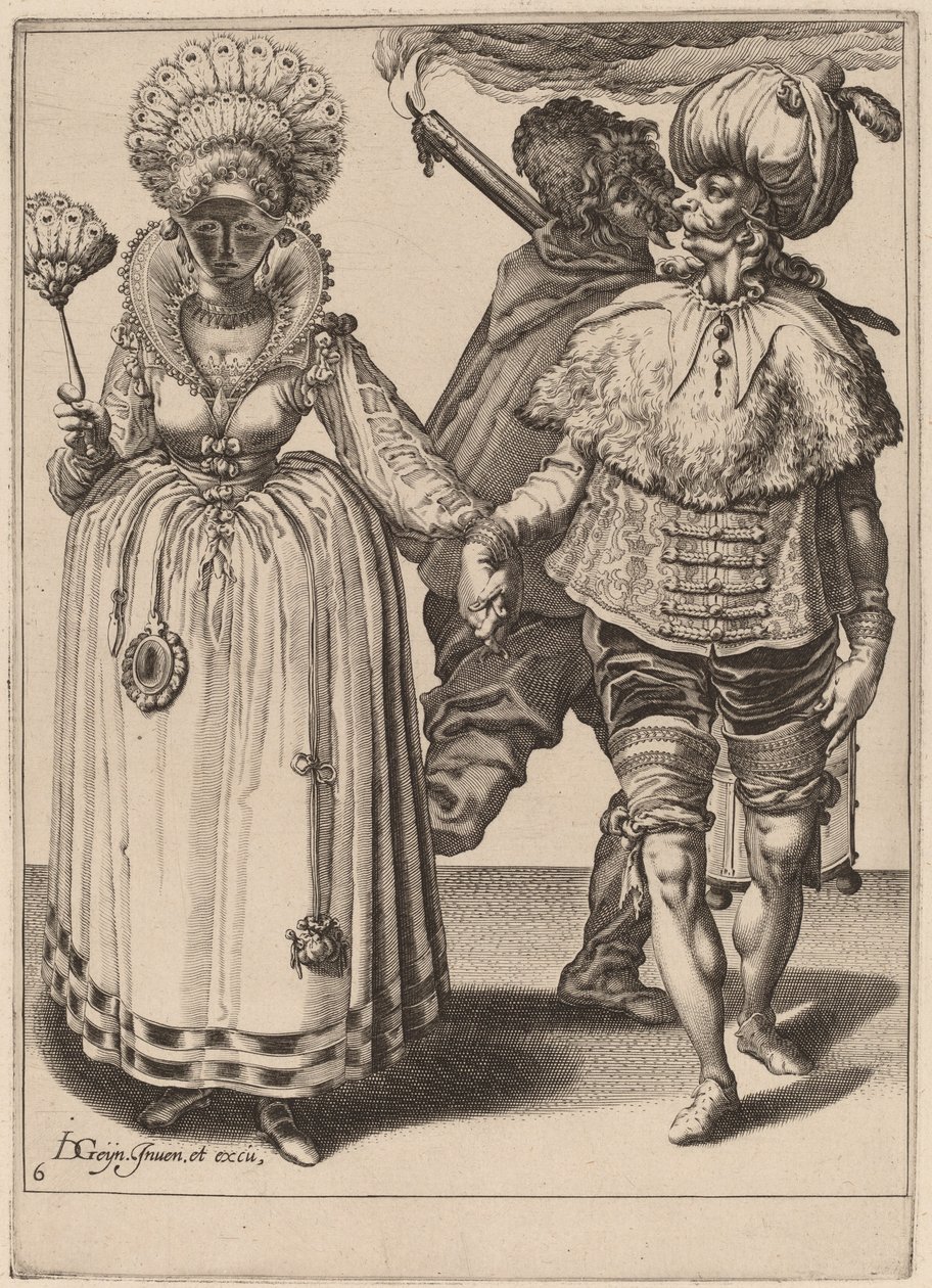 En mand med en turban, der leder en kvinde iført påfuglefjer af Zacharias Dolendo after Jacques de Gheyn II