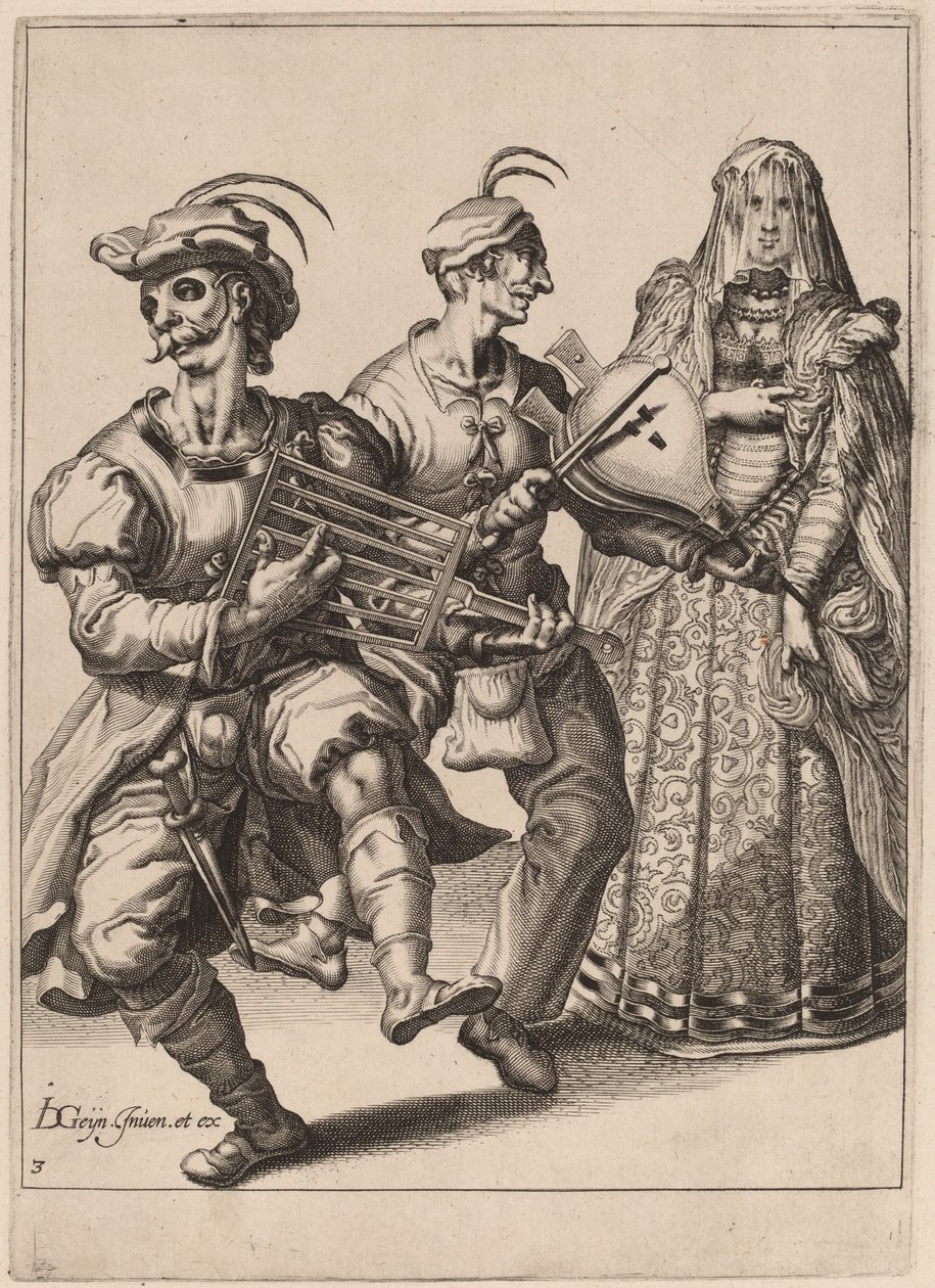 En tilsløret kvinde med to musikere, der spiller en gitter og en bælg af Zacharias Dolendo after Jacques de Gheyn II
