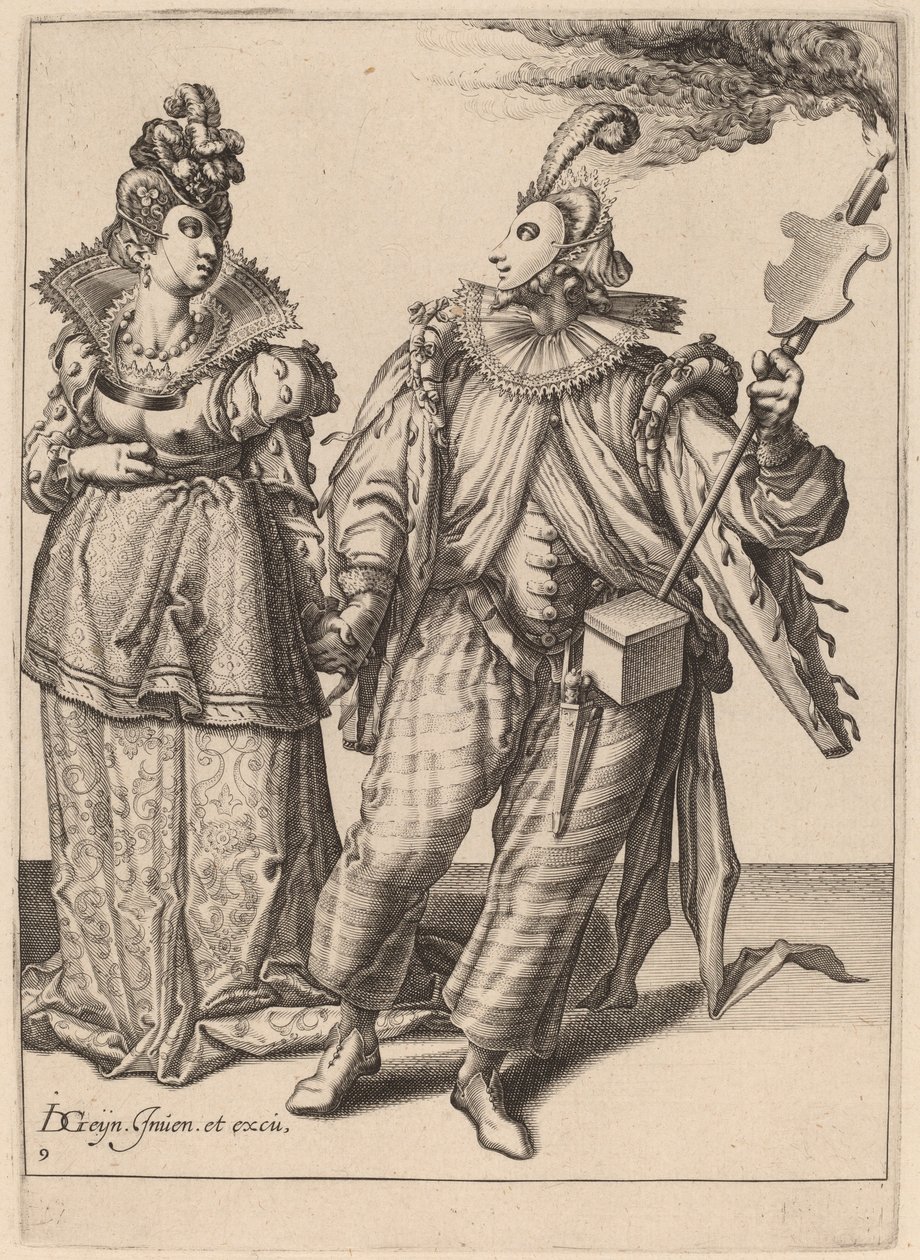 En kvinde ledet af en spiller, der holder en fakkel af Zacharias Dolendo after Jacques de Gheyn II
