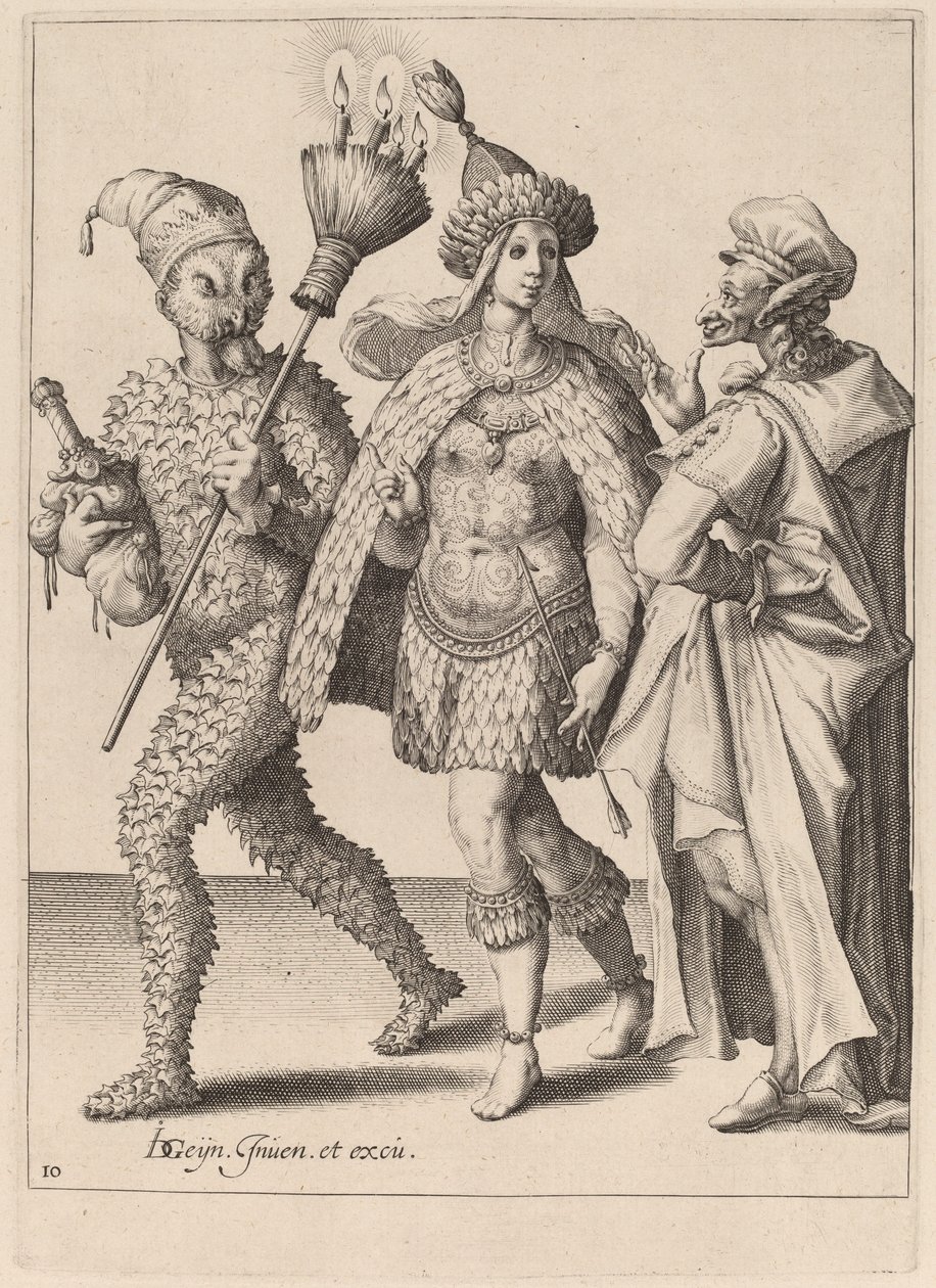 En gammel mor til et par klædt i fjer af Zacharias Dolendo after Jacques de Gheyn II