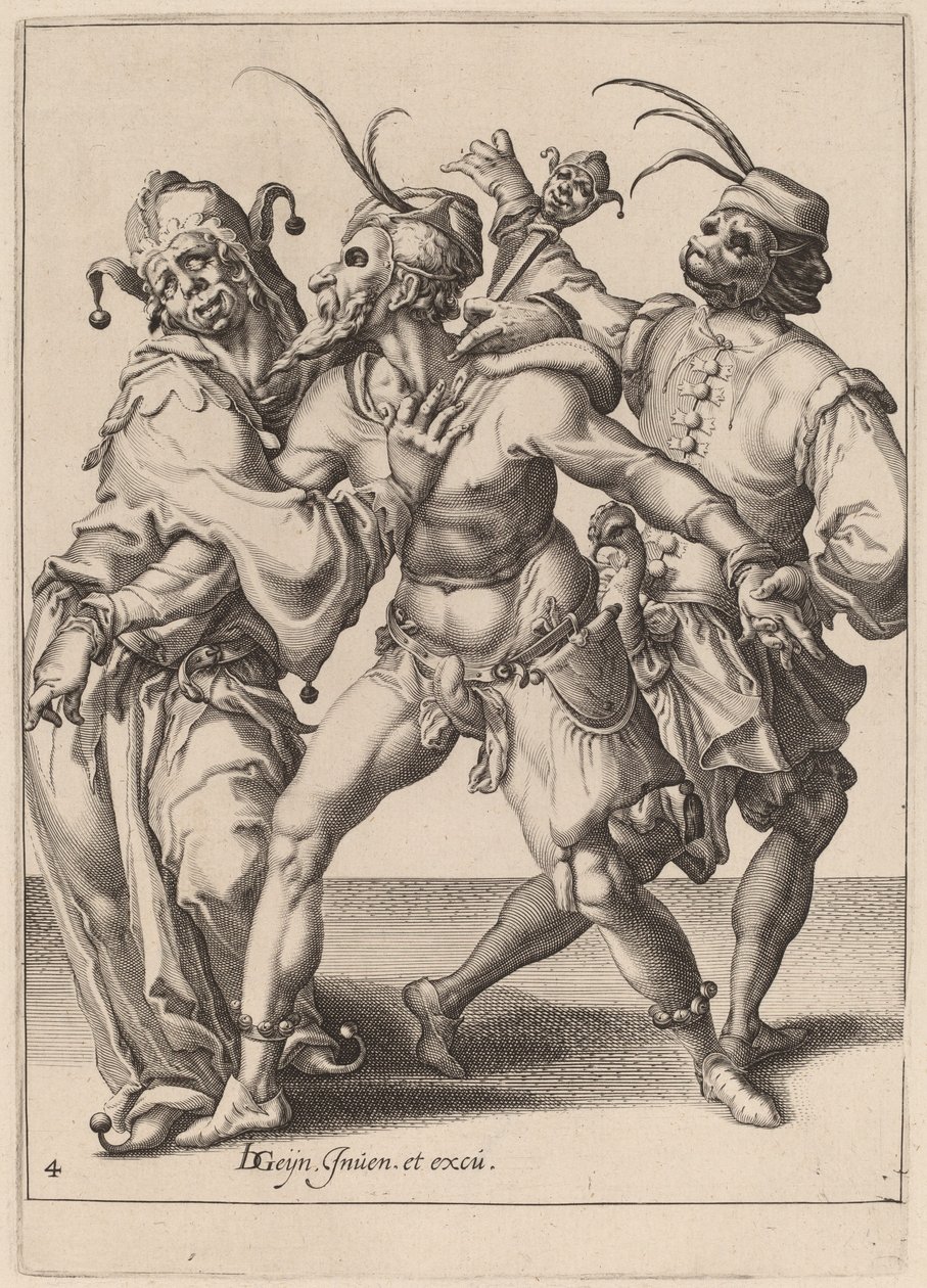 Tre dansende mummere, inklusive en nar af Zacharias Dolendo after Jacques de Gheyn II