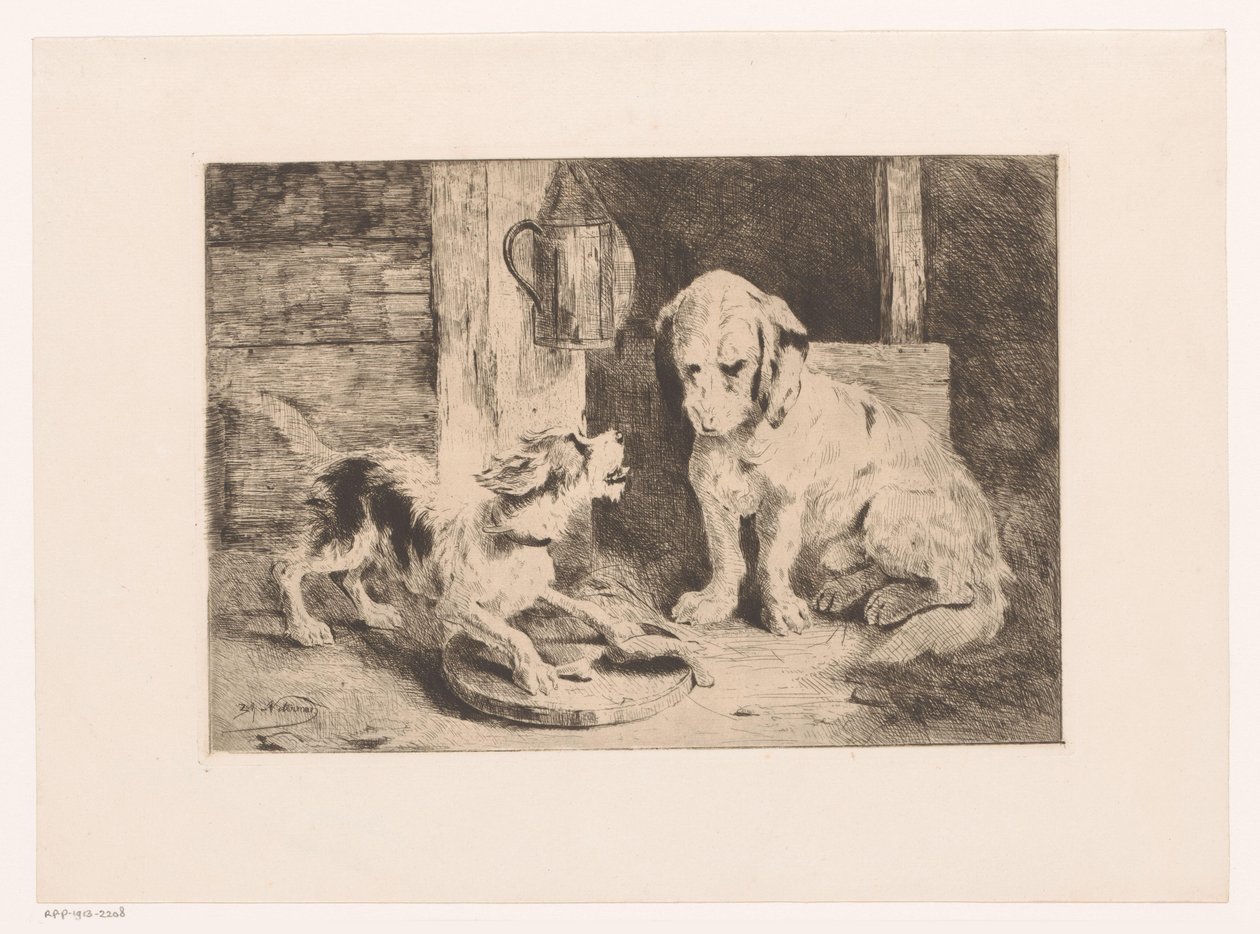 To hunde ved en lanterne og tallerken mad af Zacharie Noterman