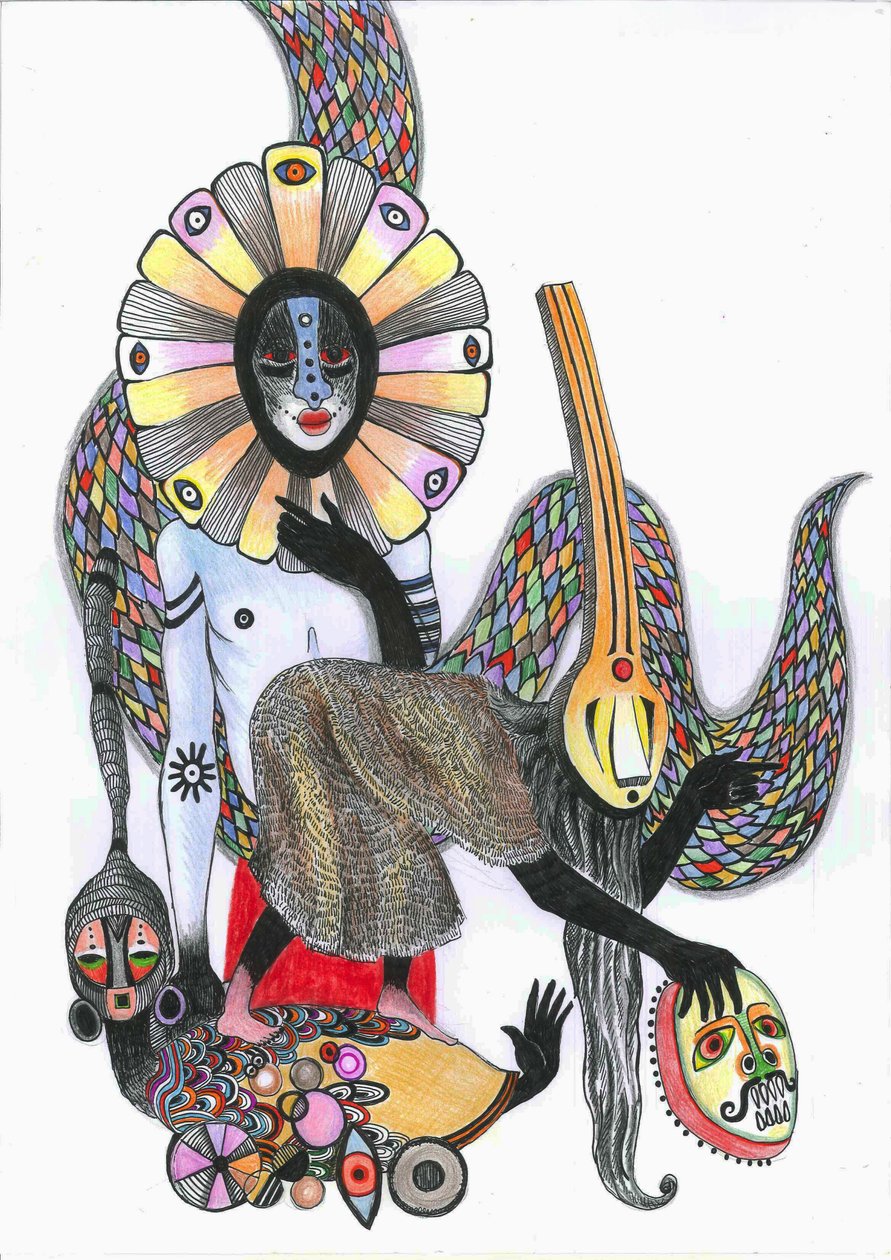 Dance of the Masks, 2012 (pen, blæk og farveblyanter på papir) af Zanara Sabina Nedelcheva Williams