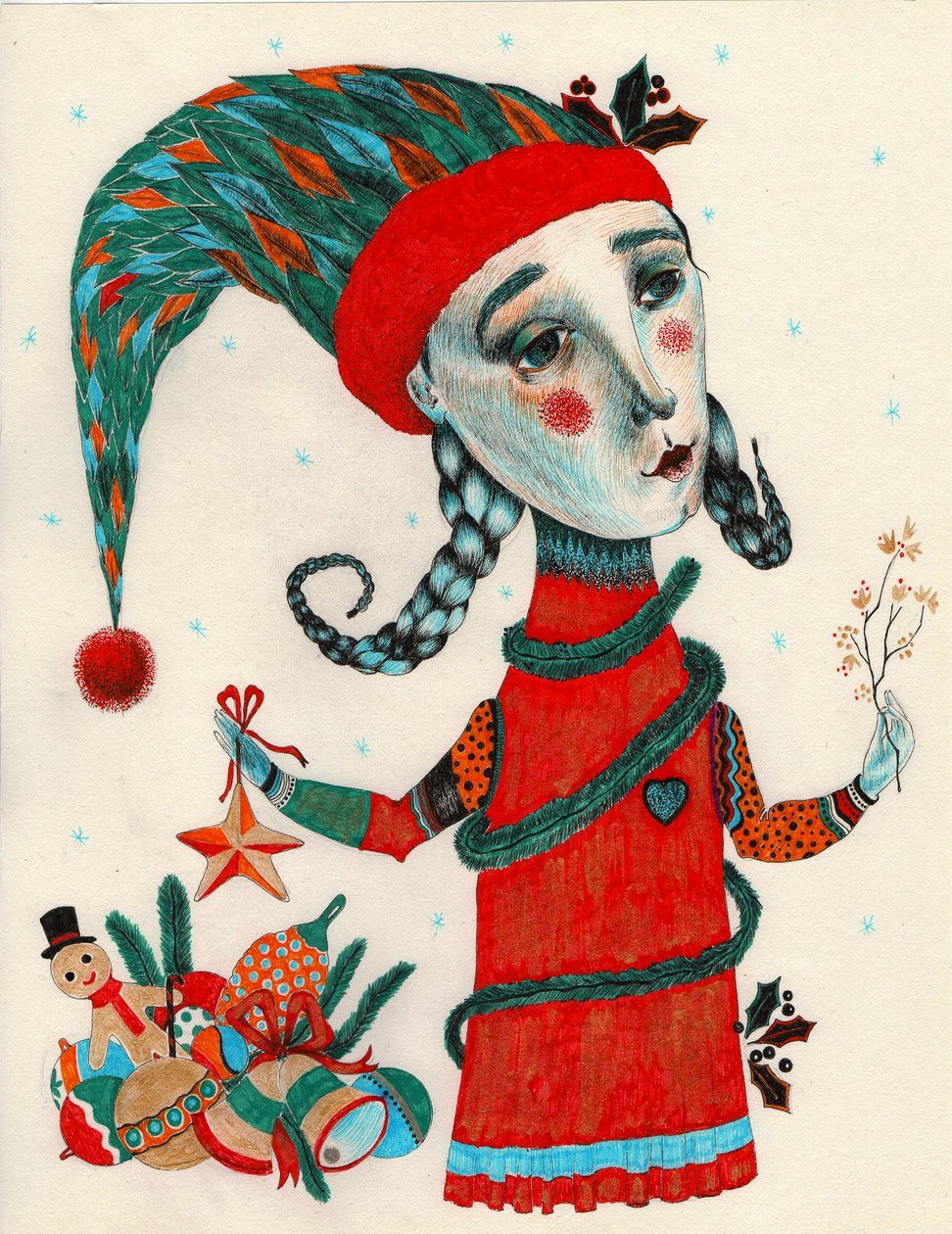 Christmas She-Elf, 2020 (blæktegning på papir) af Sabina Nedelcheva Williams